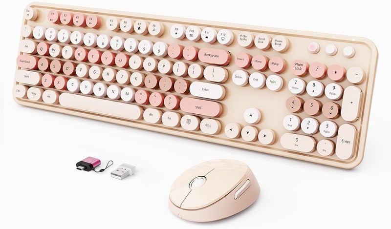 SkyGive Wireless Keyboard and Mouse Combo, Ergonomic Full Size Typewriter Retro Round Keycaps Keyboard, Compatible with Windows, PC, Perfer for Home and Office Keyboards (Chocolate Color) - Image 1